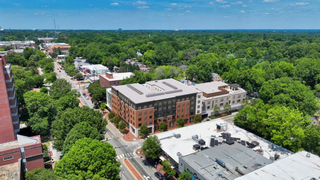 Aerial view of Brickside student apartments facing Hillsborough street at NC State University.